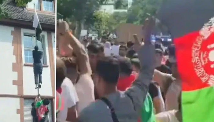 Afghan nationals protest, throw stones at Pakistani Embassy in Germany Afghan nationals protest, throw stones at Pakistani Embassy in Germany
