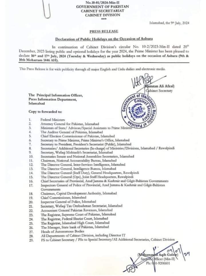 Pakistan Confirms 9th & 10th Muharram Holidays 2026